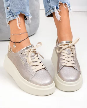 Pantofi casual dama piele naturala auriu cu sclipici si inchidere sireturi F002-426B