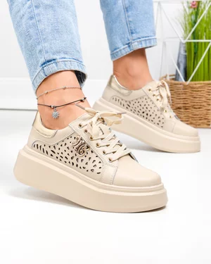 Pantofi casual dama piele naturala bej cu accesoriu lateral si model perforat T6043