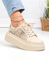Pantofi casual dama piele naturala bej cu accesoriu lateral si model perforat T6043 1