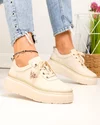 Pantofi casual dama piele naturala bej cu aplicatie metalica insecta si inchidere sireturi F002-353 4
