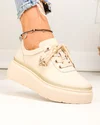 Pantofi casual dama piele naturala bej cu aplicatie metalica insecta si inchidere sireturi F002-353 2