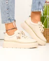 Pantofi casual dama piele naturala bej cu aplicatie metalica insecta si inchidere sireturi F002-353 3