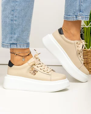 Pantofi casual dama piele naturala bej cu aplicatie metalica si talpa groasa T-8808