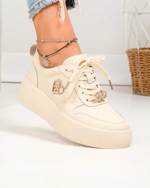 Pantofi Casual - Pantofi casual dama piele naturala bej cu aplicatii aurii si talpa groasa F002-452