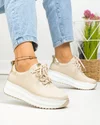 Pantofi casual dama piele naturala bej cu auriu si inchidere sireturi F002-290 2
