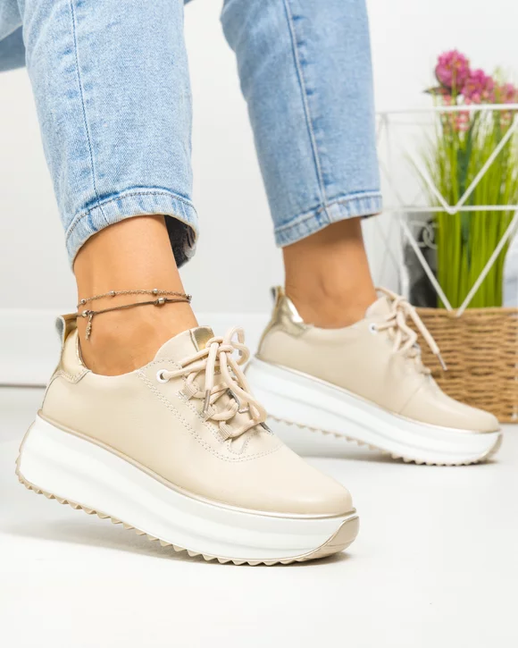 Pantofi casual dama piele naturala bej cu auriu si inchidere sireturi F002-290
