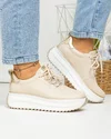 Pantofi casual dama piele naturala bej cu auriu si inchidere sireturi F002-290 1
