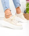 Pantofi casual dama piele naturala bej cu auriu si inchidere sireturi F002-389 2