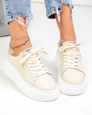Pantofi casual dama piele naturala bej cu auriu si inchidere sireturi F002-389