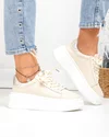 Pantofi casual dama piele naturala bej cu auriu si inchidere sireturi F002-389 1