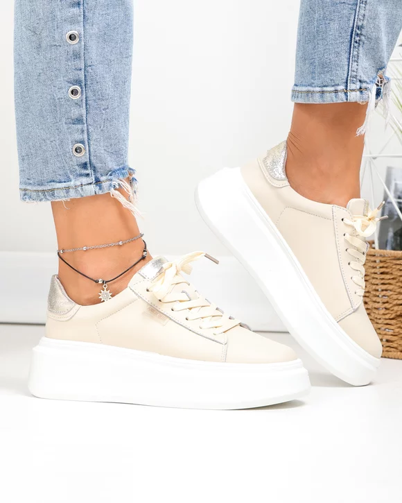 Pantofi casual dama piele naturala bej cu auriu si inchidere sireturi F002-389