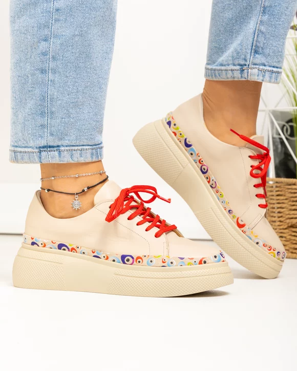 Pantofi casual dama piele naturala bej cu cercuri colorate captusiti cu piele naturala POL280