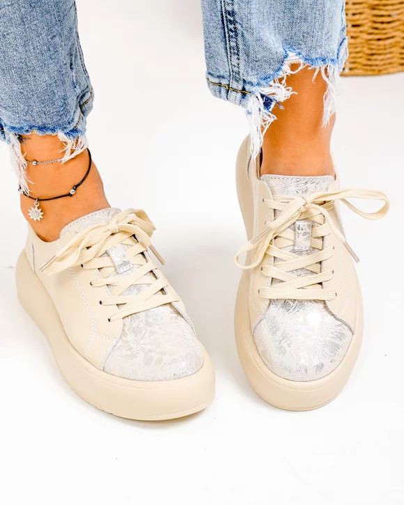 Pantofi casual dama piele naturala bej cu imprimeu T-2006