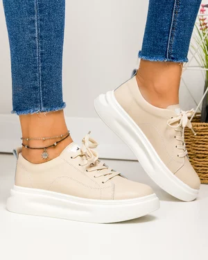 Pantofi casual dama piele naturala bej cu inchidere siret AW2023-26