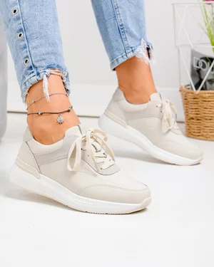 Pantofi casual dama piele naturala bej cu inchidere sireturi F001-948