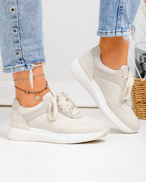 Incaltaminte Dama - Pantofi casual dama piele naturala bej cu inchidere sireturi F001-948