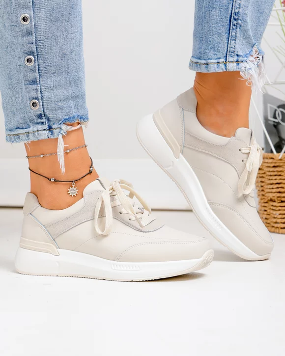 Pantofi casual dama piele naturala bej cu inchidere sireturi F001-948