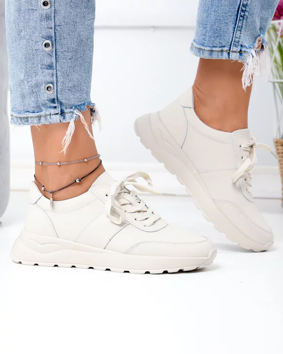 Pantofi casual dama piele naturala bej cu inchidere sireturi F001-972