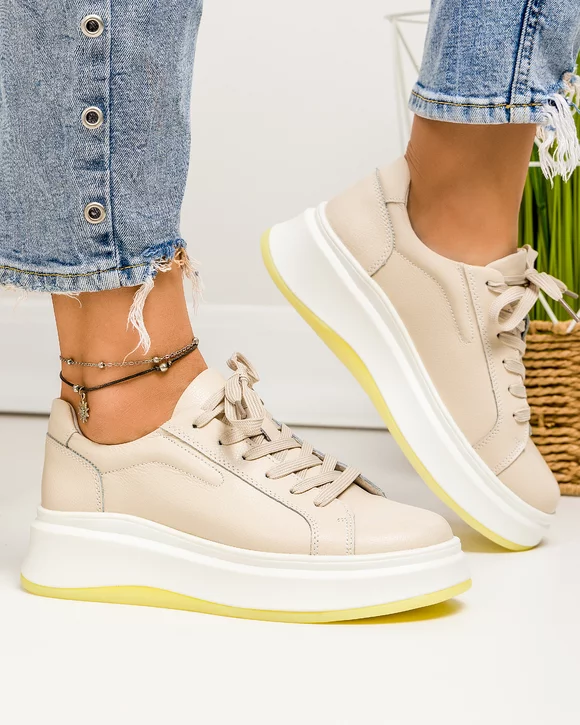 Pantofi casual dama piele naturala bej cu inchidere sireturi F002-286
