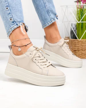 Pantofi Casual - Pantofi casual dama piele naturala bej cu inchidere sireturi F002-397