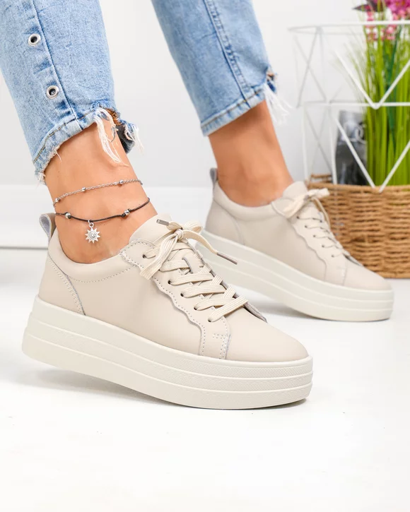 Pantofi casual dama piele naturala bej cu inchidere sireturi F002-397