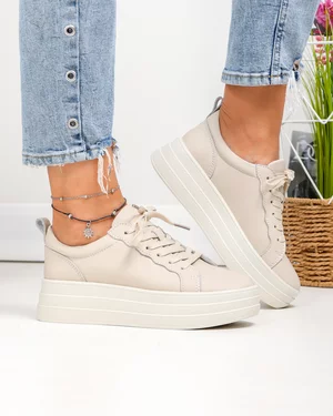 Pantofi casual dama piele naturala bej cu inchidere sireturi F002-397