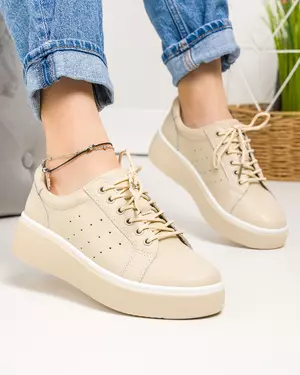 Pantofi casual dama piele naturala bej cu inchidere sireturi NW-011