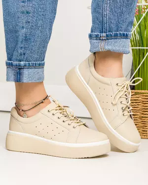 Pantofi casual dama piele naturala bej cu inchidere sireturi NW-011