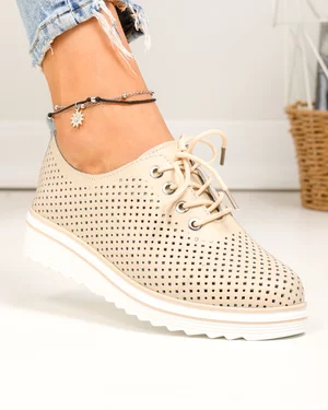 Pantofi casual dama piele naturala bej cu inchidere sireturi perforati XH-3200