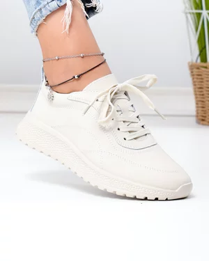 Pantofi Casual - Pantofi casual dama piele naturala bej cu inchidere sireturi si cusaturi decorative F001-977