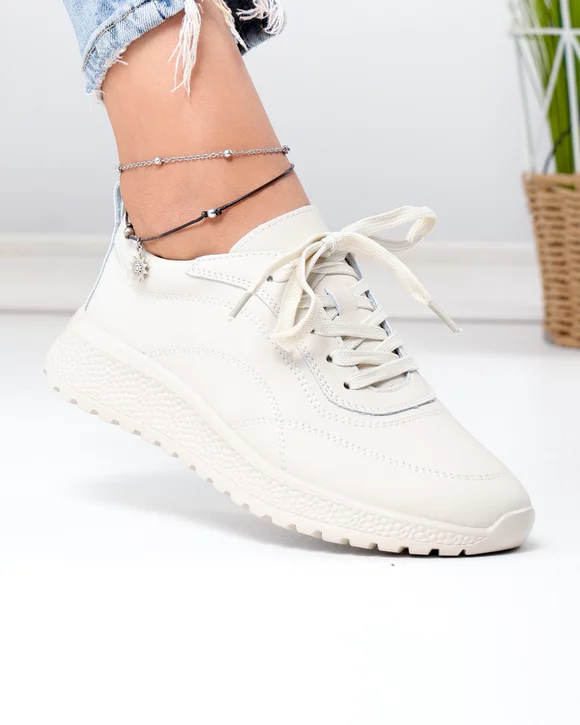 Pantofi casual dama piele naturala bej cu inchidere sireturi si cusaturi decorative F001-977