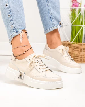 Pantofi Casual - Pantofi casual dama piele naturala bej cu inchidere sireturi si cusaturi decorative JY6821