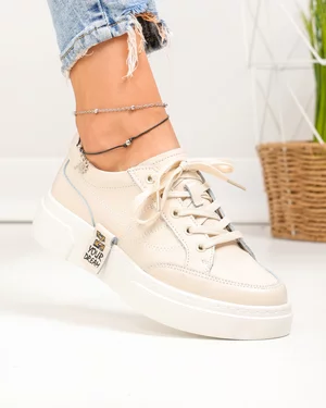 Pantofi casual dama piele naturala bej cu inchidere sireturi si cusaturi decorative JY6821