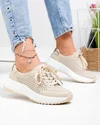 Pantofi casual dama piele naturala bej cu inchidere sireturi si detaliu auriu T-2820 2