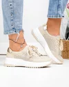 Pantofi casual dama piele naturala bej cu inchidere sireturi si detaliu auriu T-2820 1