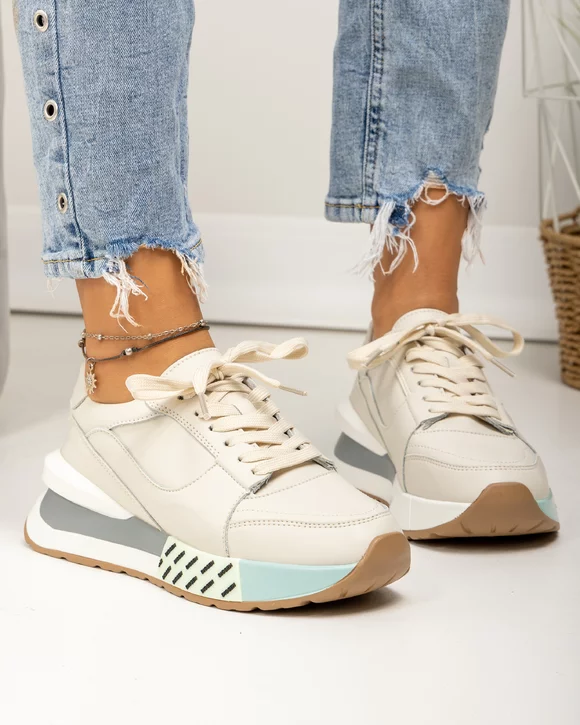 Pantofi casual dama piele naturala bej cu inchidere sireturi si talpa cu model F001-770