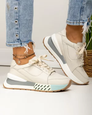 Pantofi casual dama piele naturala bej cu inchidere sireturi si talpa cu model F001-770