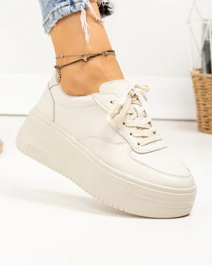 Pantofi casual dama piele naturala bej cu inchidere sireturi si talpa groasa F001-772