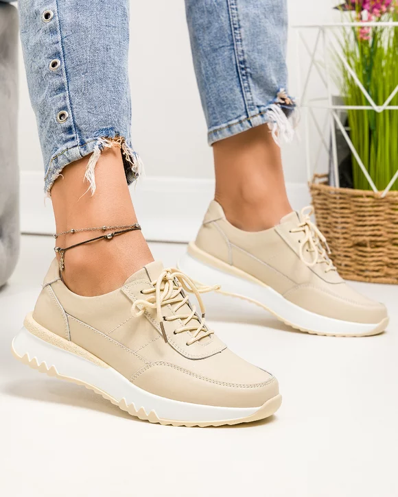 Pantofi casual dama piele naturala bej cu inchidere sireturi T-5103