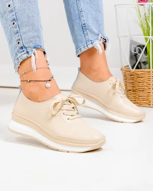 Pantofi Casual - Pantofi casual dama piele naturala bej cu inchidere sireturi T-9001