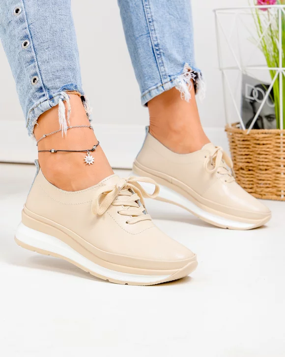 Pantofi casual dama piele naturala bej cu inchidere sireturi T-9001