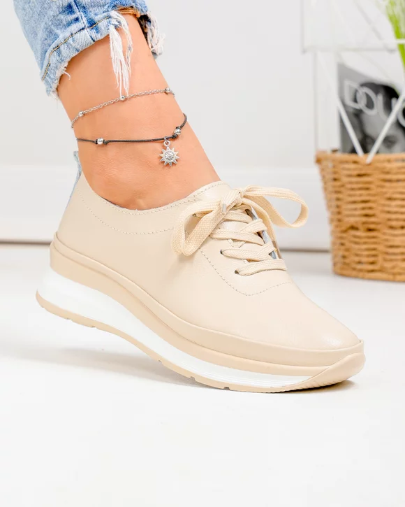 Pantofi casual dama piele naturala bej cu inchidere sireturi T-9001