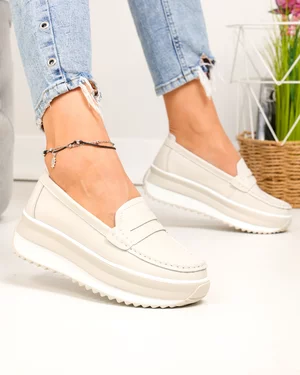 Pantofi casual dama piele naturala bej cu inchidere slip-on F001-776