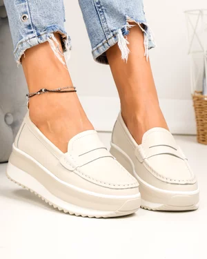 Pantofi casual dama piele naturala bej cu inchidere slip-on F001-776