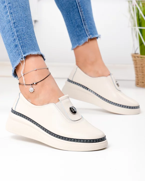 Pantofi casual dama piele naturala bej cu inchidere slip-on si insertie elastica JY6709