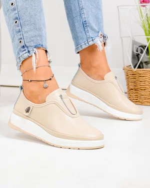 Pantofi casual dama piele naturala bej cu insertie elastica si inchidere slip-on JY-5671