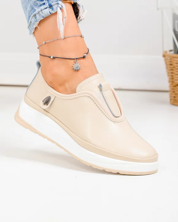 Pantofi casual dama piele naturala bej cu insertie elastica si inchidere slip-on JY-5671