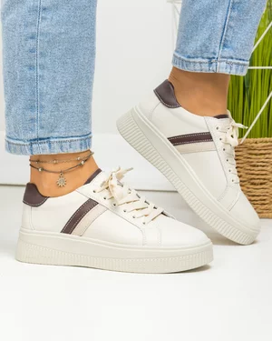 Pantofi casual dama piele naturala bej cu insertii maro si inchidere sireturi F001-729