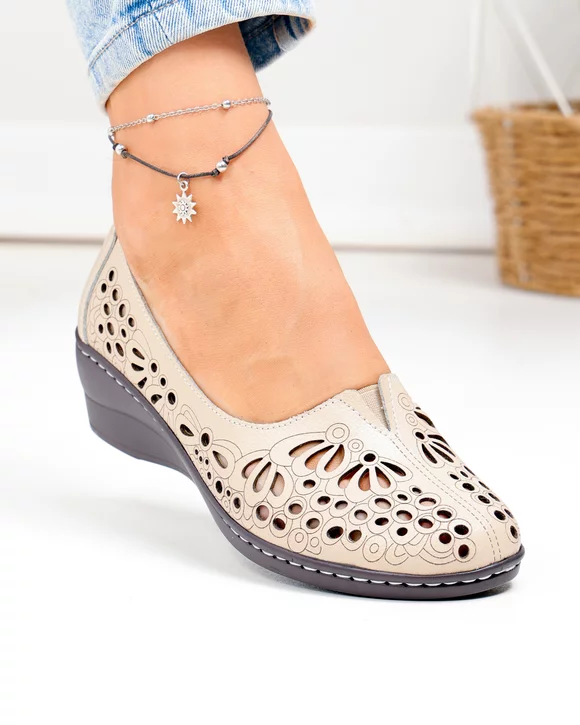 Pantofi casual dama piele naturala bej cu model perforat JBS-114