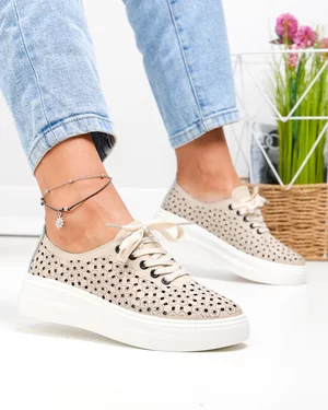 Pantofi casual dama piele naturala bej cu model perforat JY3230